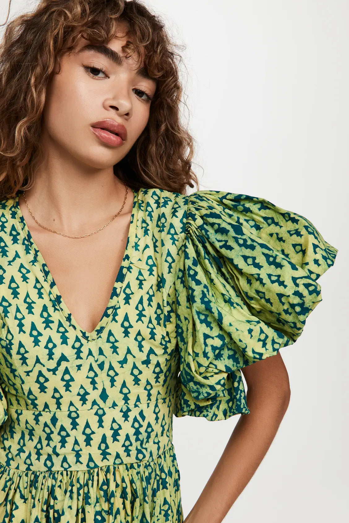 Printed Puff Sleeve V-neck Slit Maxi Dress