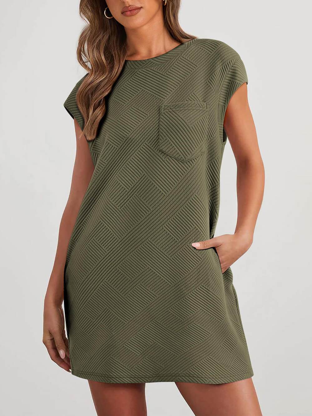 Cap Sleeve Crew Neck Loose Basic Mini Dress