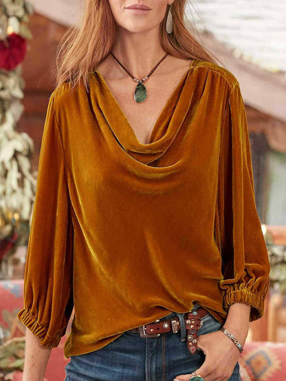 Long Sleeve Velvet Pile Neck Pleated T-shirt