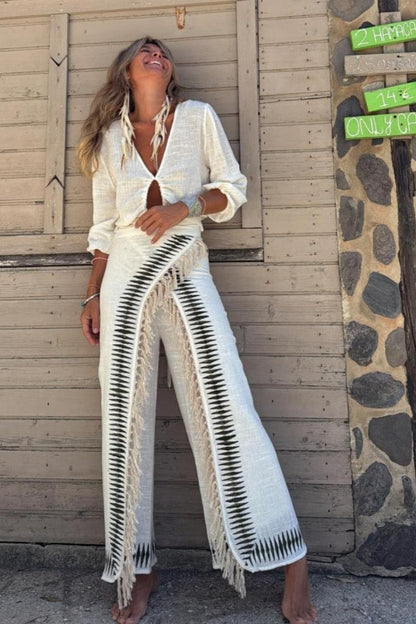 Elar Contrast Black Fringe Pants Set