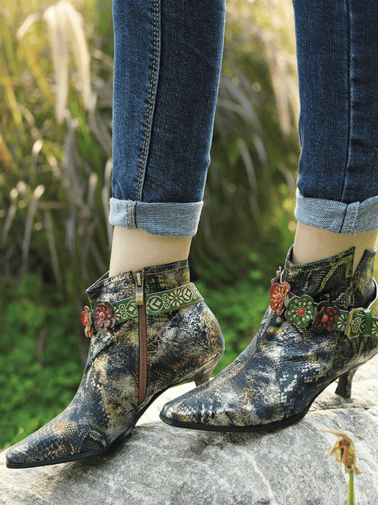 Soffia | Snake Pattern Embossed Green Leather Kitten Heel Ankle Boot