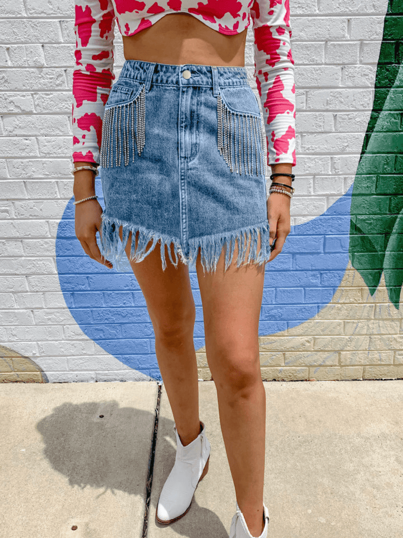 Krysten Sequins Fringe Tassel Hem Denim Mini Skirt