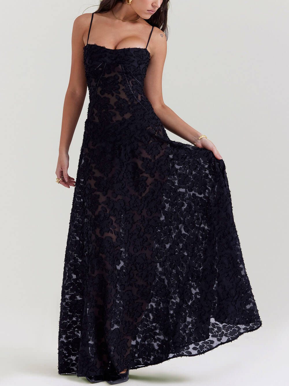 Midnight Bloom - Lace Back Maxi Dress