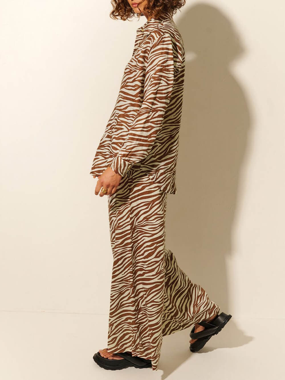 Button Open Collar Loose Zebra Print Shirt Pants Set
