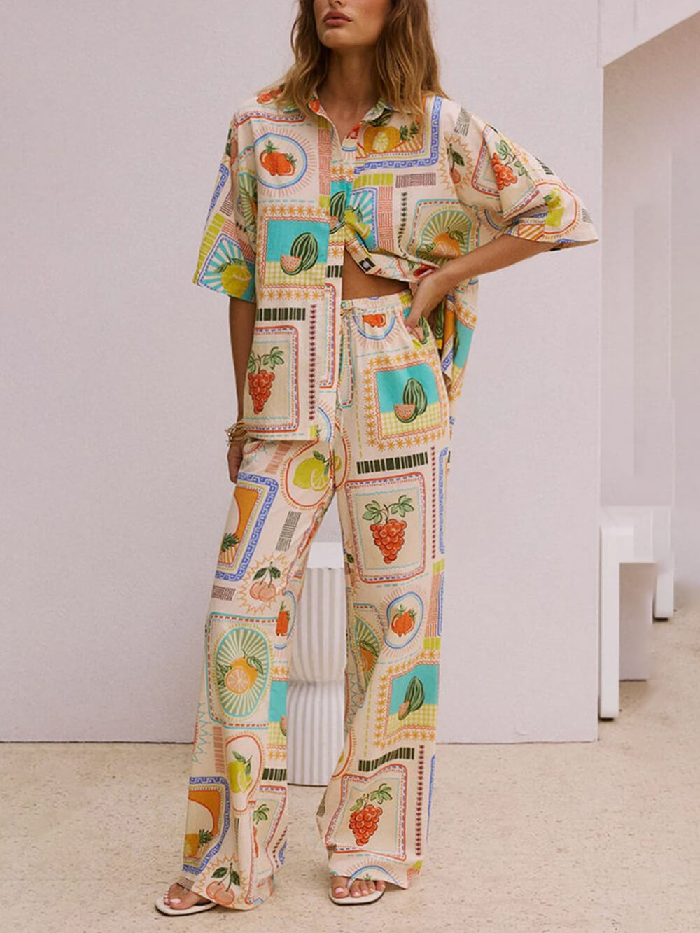 Unique Print Loose Short- Shirt Straight Pants Set