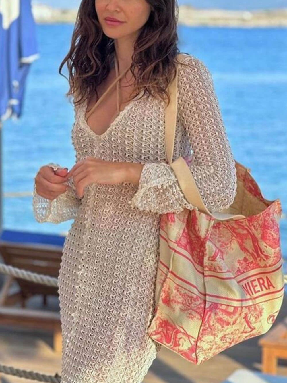Bella-beach V-neck Crochet Maxi Dress