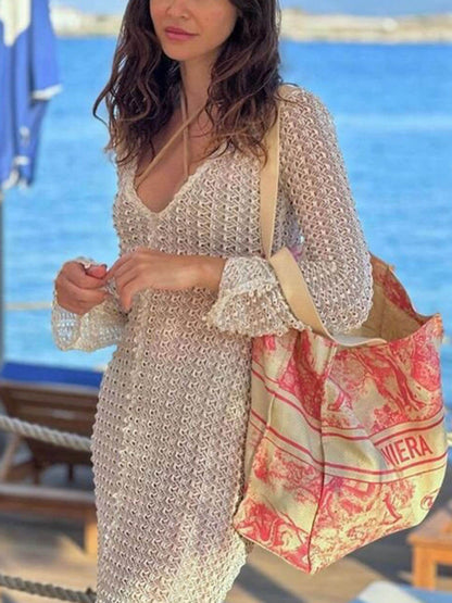Bella-beach V-neck Crochet Maxi Dress