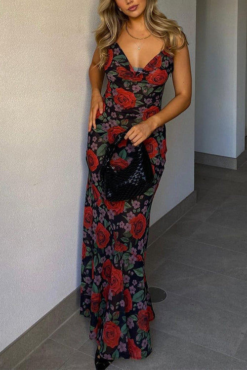 Adjustable Strap Backless Rose Print Maxi Dress