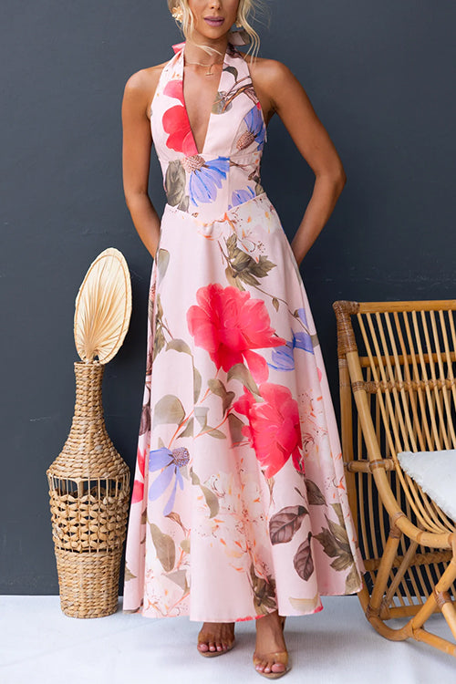 Halter V Neck Lace-up Print Swing Maxi Dress