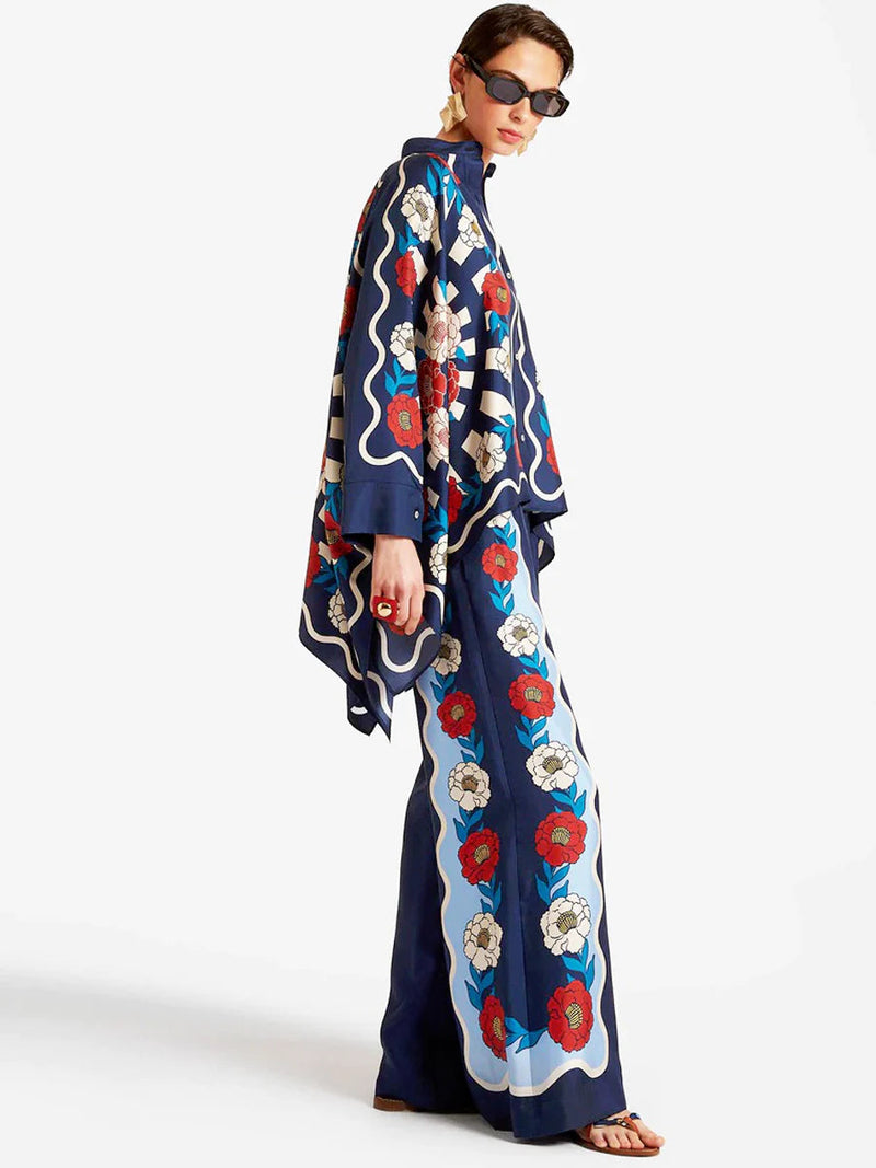 Fine Satin Print Batwing Sleeve Pants Set - Blue