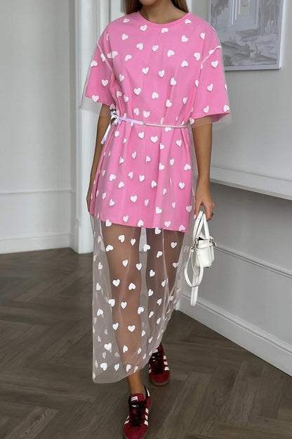 Heart Print Mesh Patchwork T-shirt Dress