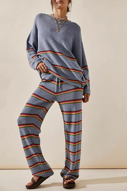Contrast Striped Long Sleeve Sweater Two Piece Outfits