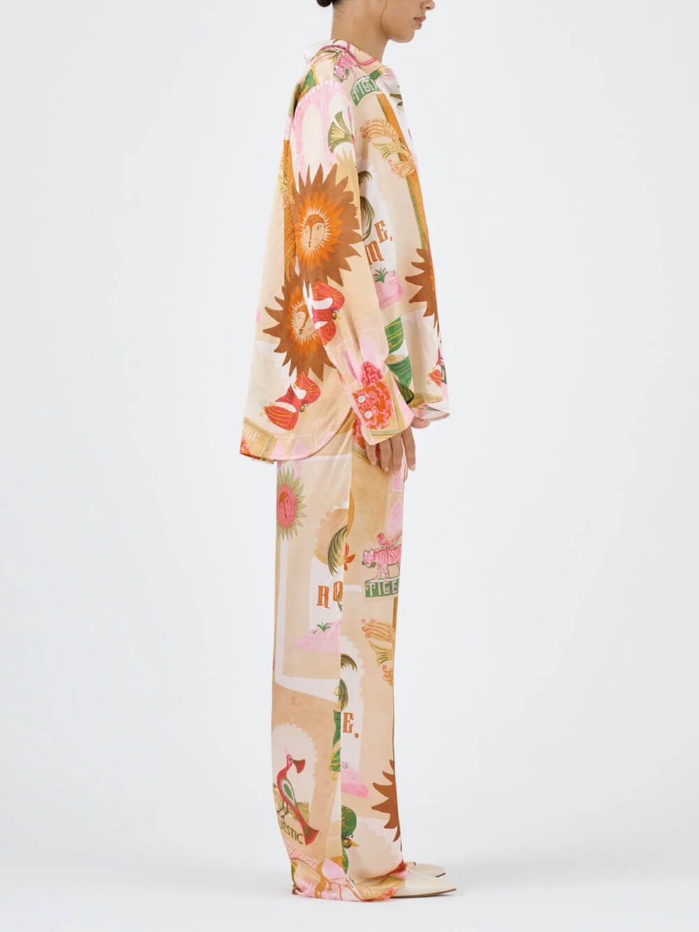 Unique Printed Shirt Top and Elastic Waist Loose Pants Set