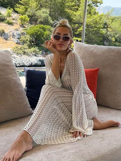 Bella-beach V-neck Crochet Maxi Dress