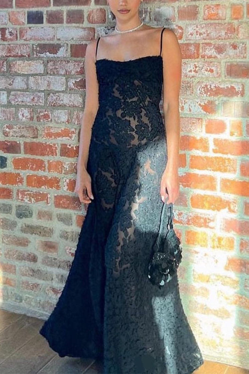 Spaghetti Strap Back Lace-up Applique Flower Lace Maxi Dress