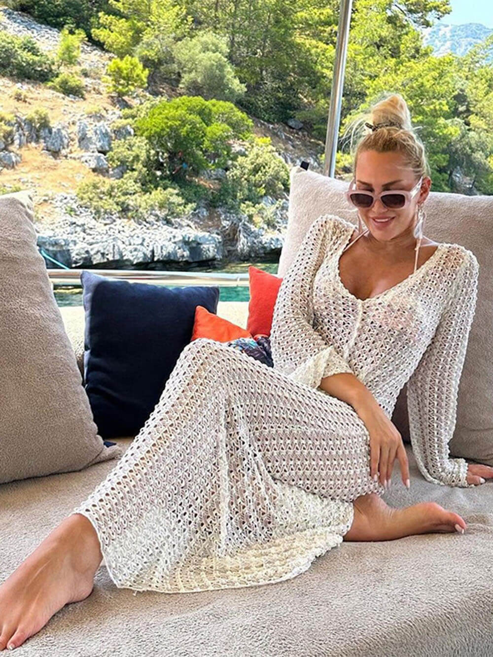 Bella-beach V-neck Crochet Maxi Dress