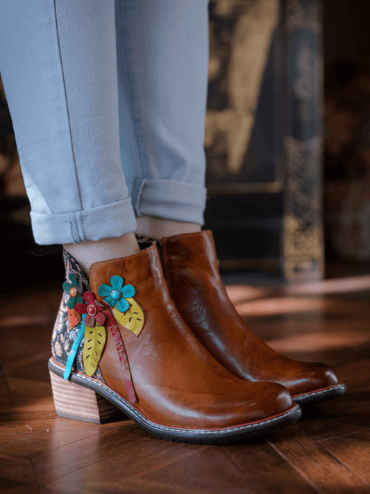 Soffia | Petal Applique Leather Ankle Boot
