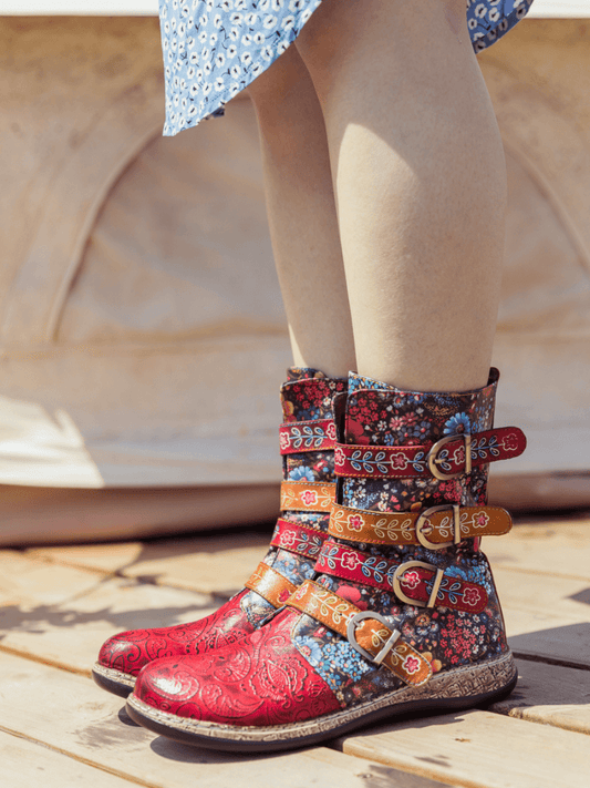 Soffia | Daisy Printed Straps Leather Ankle Boot