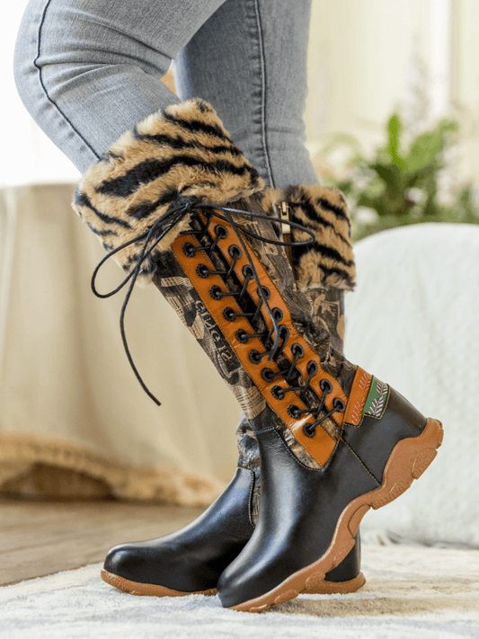 Soffia | Tiger Pattern Fur Circum Leather Tie-accent Boot