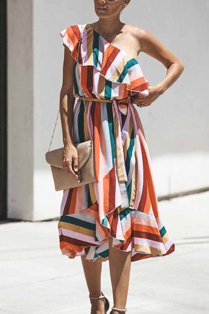 Striped One Off Shoulder Sleeveless Ruffle Irregular Midi Dress