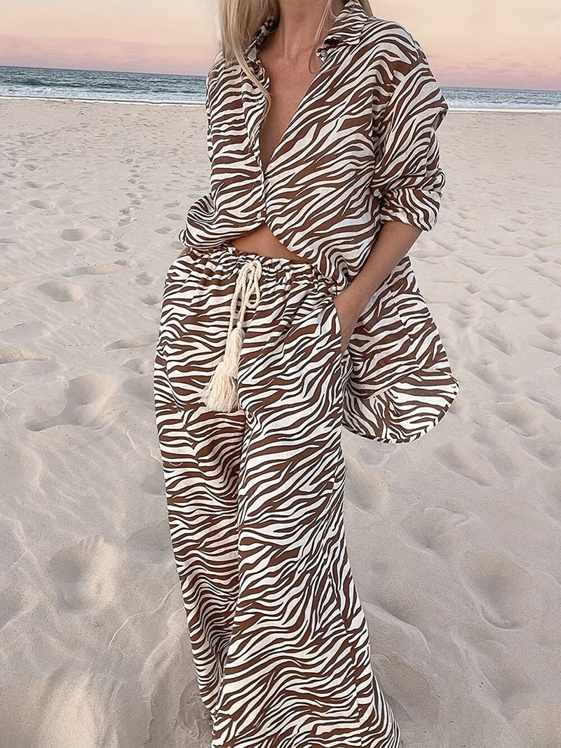 Button Open Collar Loose Zebra Print Shirt Pants Set
