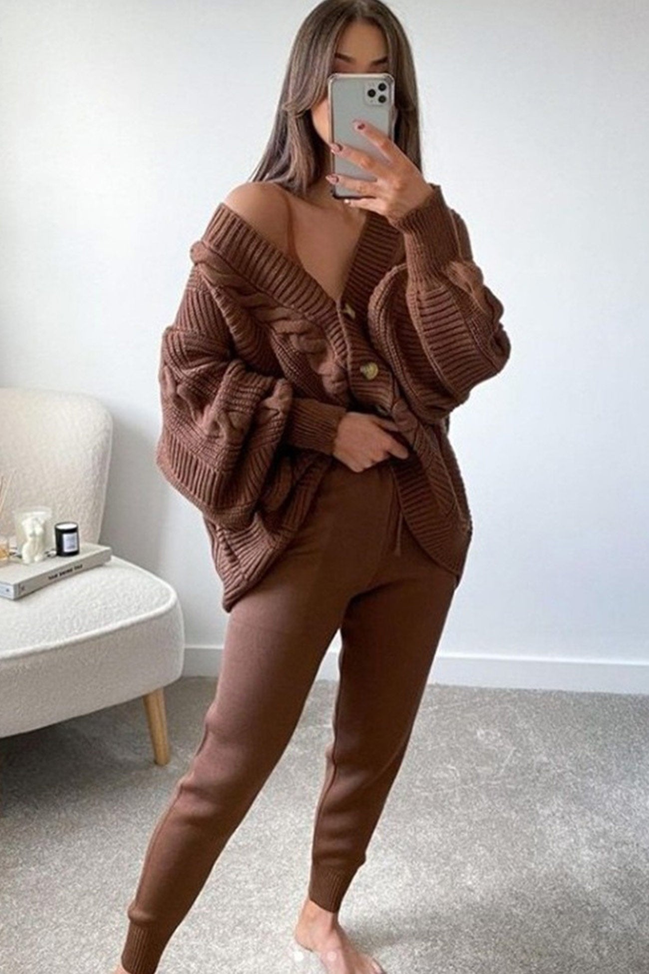 Cable Knit Cardigan Pencil Pants Set