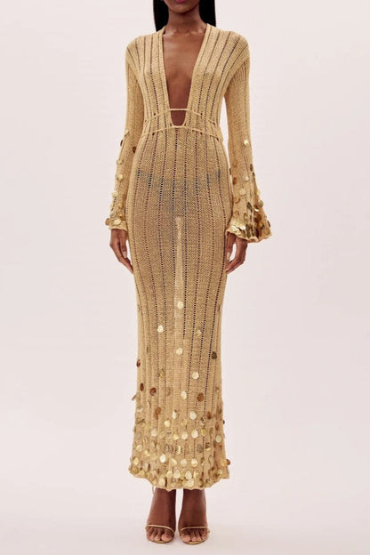 Gold Sequin Knit Maxi Dress