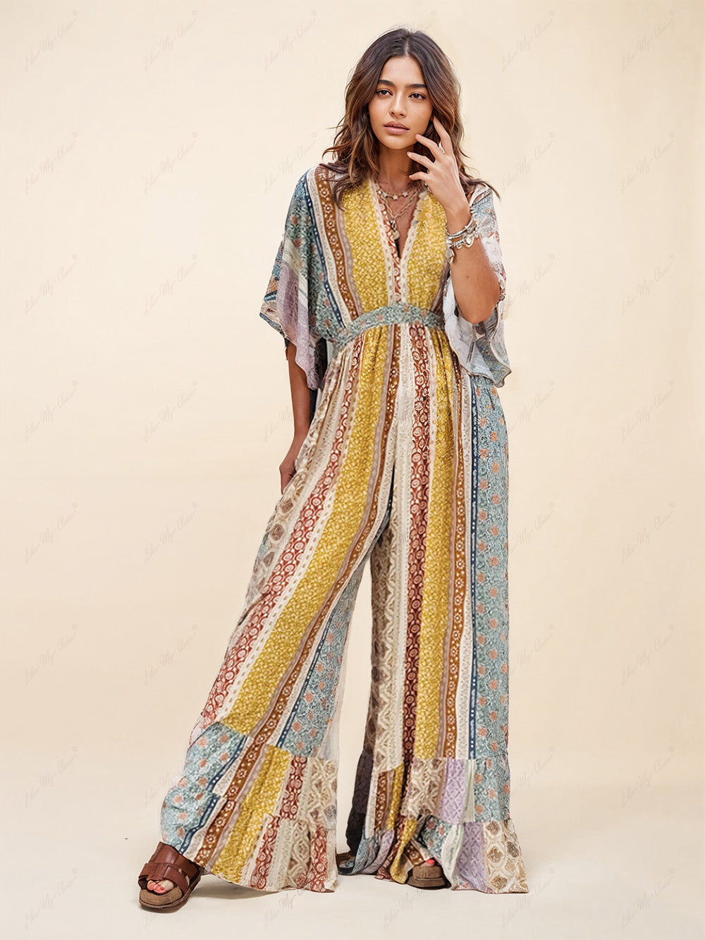Retro Flare Sleeve Pocketed Loose Wide Leg Jumpsuit