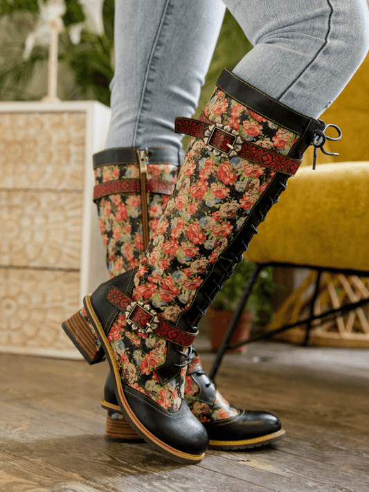 Soffia | Blooming Tie-accent Leather Knee High Boot