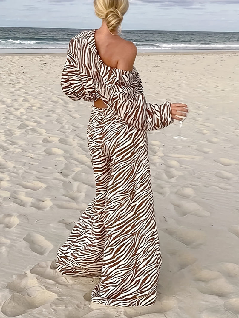 Button Open Collar Loose Zebra Print Shirt Pants Set