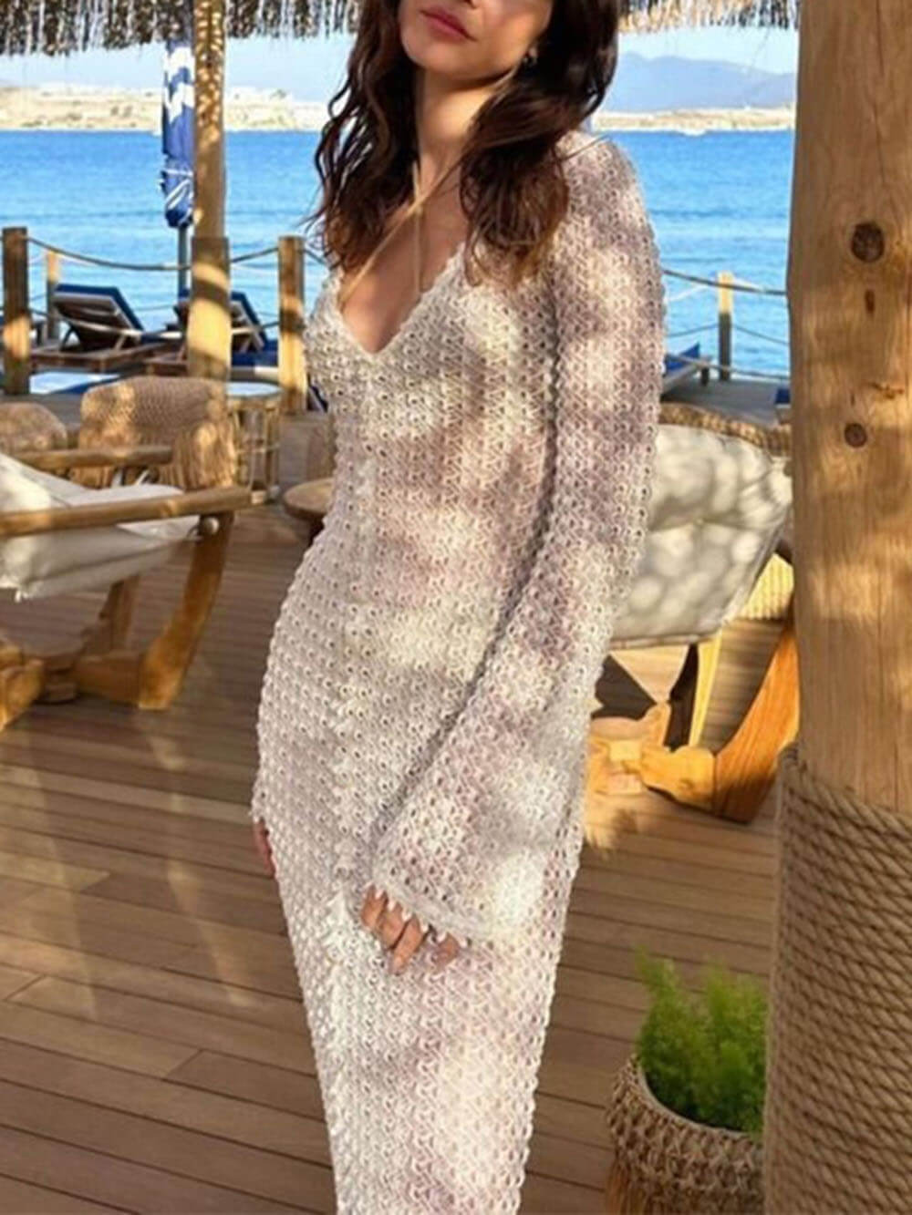 Bella-beach V-neck Crochet Maxi Dress
