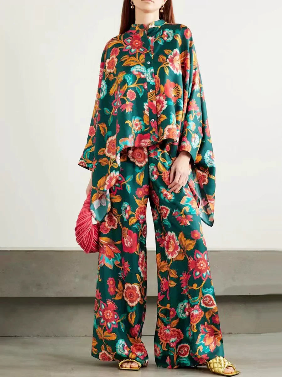 Fine Satin Print Batwing Sleeve Pants Set - Olive Green