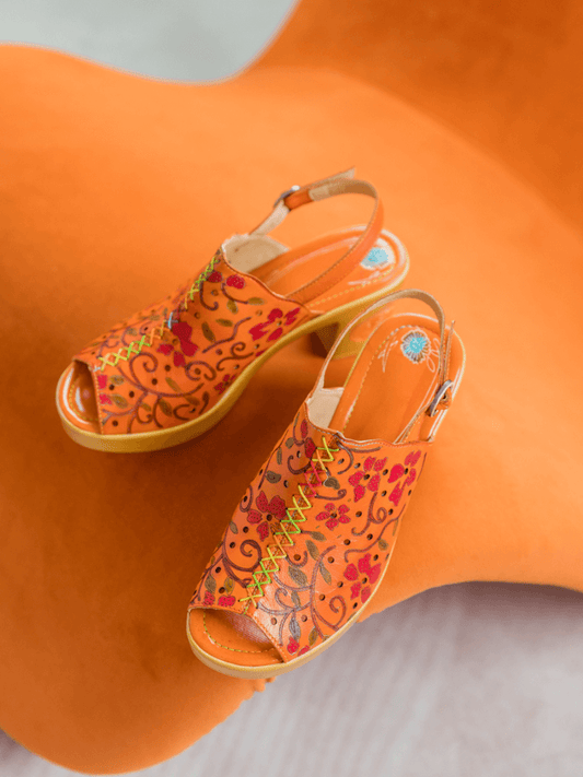 Soffia | Orange Embossed Perforated Leather Sandal