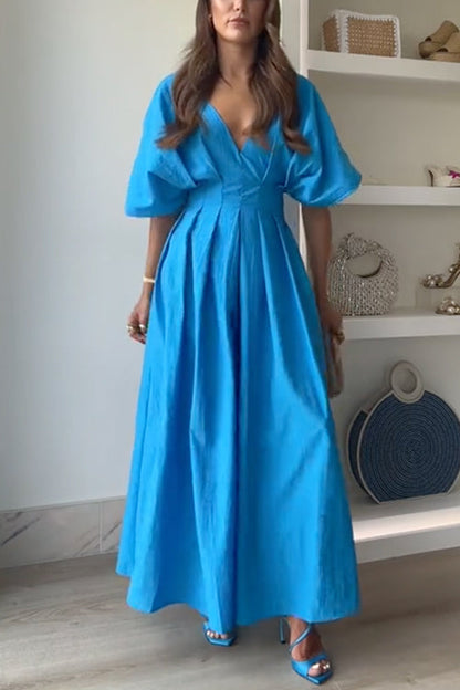 V Neck High Waist Ruched Swing Maxi Dress
