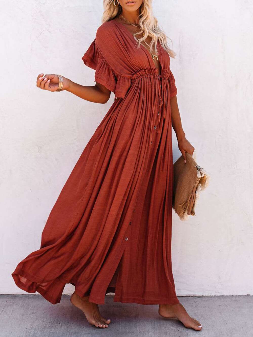 Button Cotton Linen Perfect Beach Maxi Dress