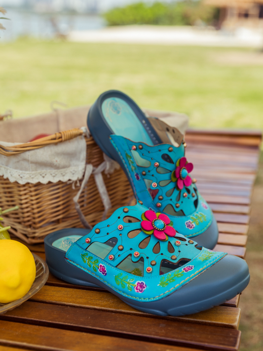 Soffia | Turquoise -applique Cutout Leather Sandal