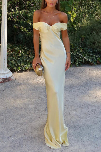 Moxidress Off Shoulder Backless Cut Out Satin Maxi Dress
