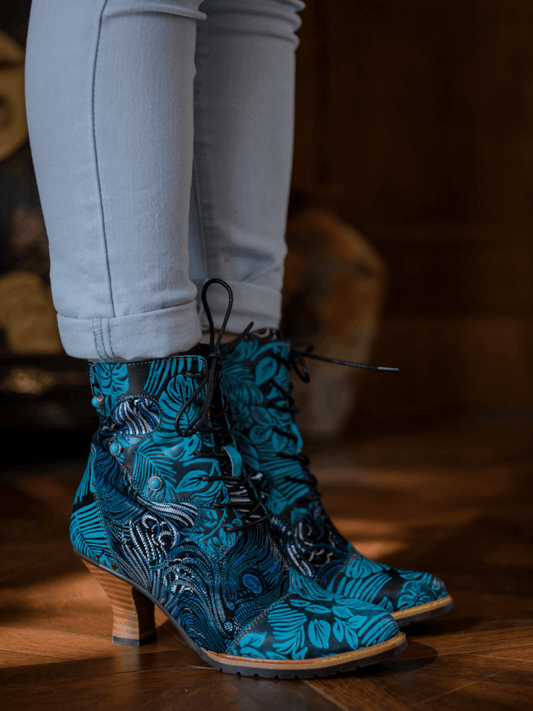 Soffia | Palm Leaf Peacock Feather Leather Ankle Boot