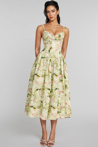 Raleign Green Print Ruched Midi Dress