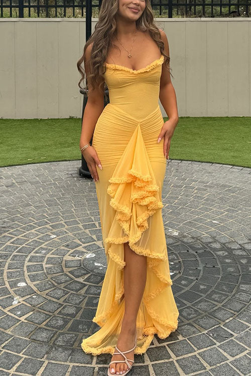 Moxidress Spaghetti Strap Frill Trim Draped Slit Maxi Dress