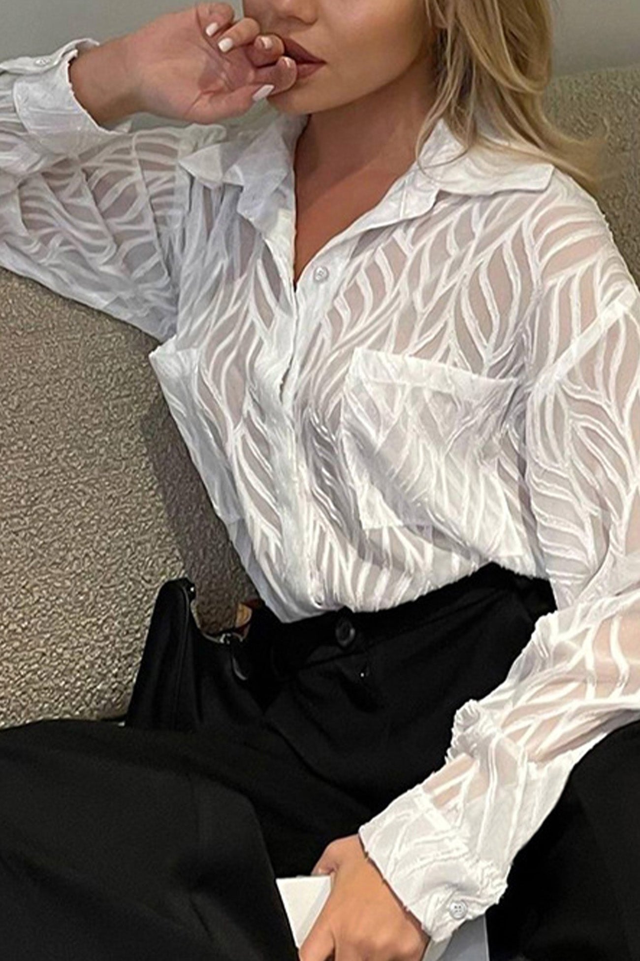 Sheer Textured Button-up Long Sleeve Blouse