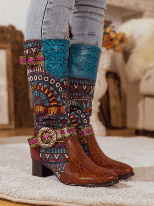 Soffia | Brown Patchwork Leather Knee Boot