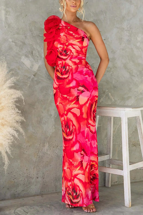 Moxidress Ruffle One Shoulder Print Bodycon Maxi Dress