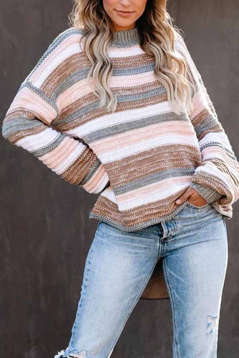 O-neck Stitching Striped Long-sleeved Sweater