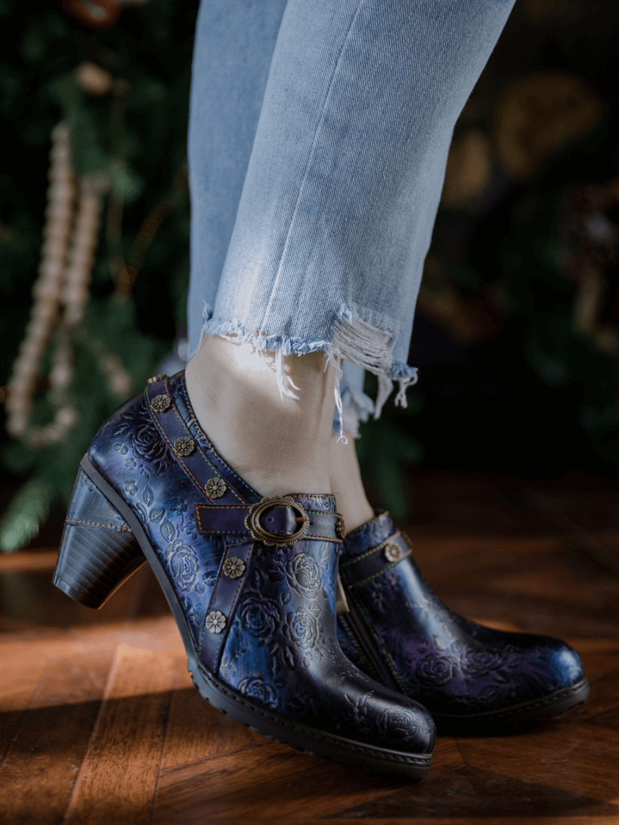 Soffia | Rose Embossed Relief Purple Leather Ankle Boot