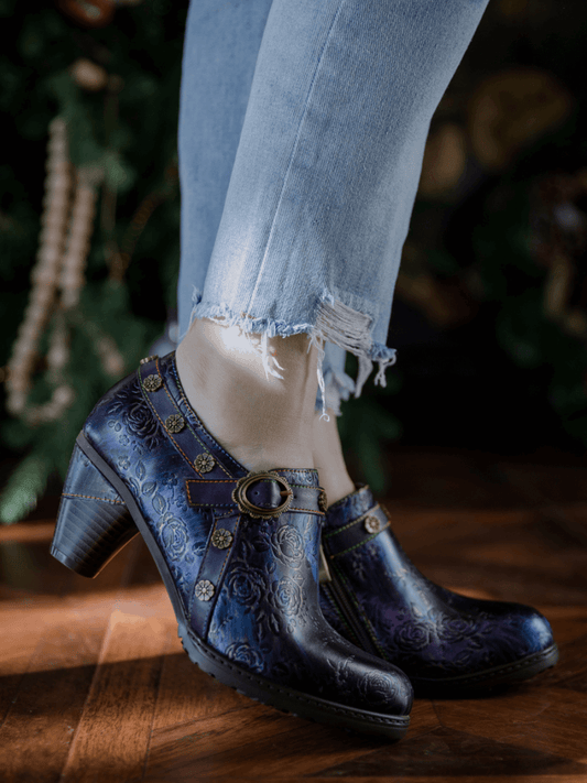 Soffia | Rose Embossed Relief Purple Leather Ankle Boot