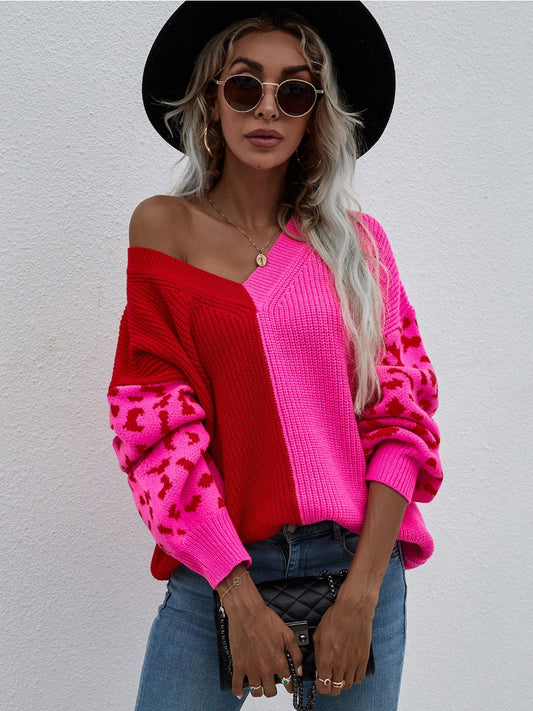 | Color-block Lantern Sleeve Sweater - Fuchisa Leopard