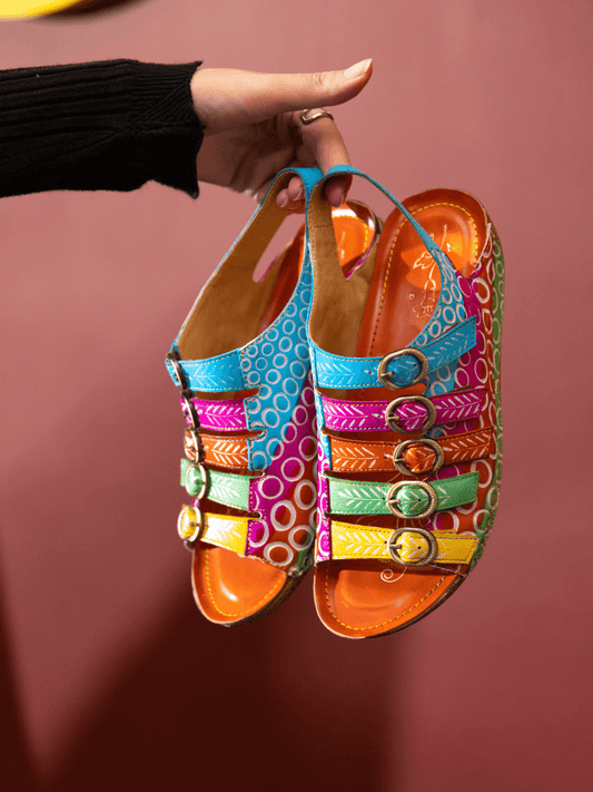 Soffia | Rainbow Strap Bubble Pattern Leather Sandal