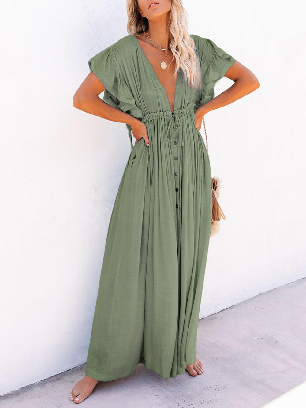 Button Cotton Linen Perfect Beach Maxi Dress