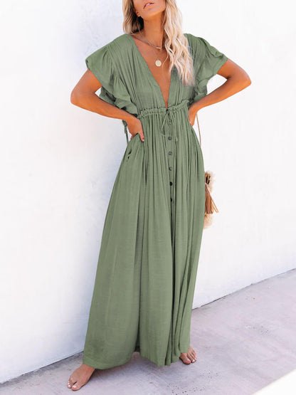 Button Cotton Linen Perfect Beach Maxi Dress